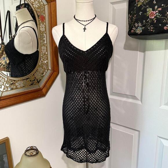 Dolls Kill Widow Sheer Black Mesh & Open Knit Crochet Bodycon Mini Dress M/L - Picture 1 of 7